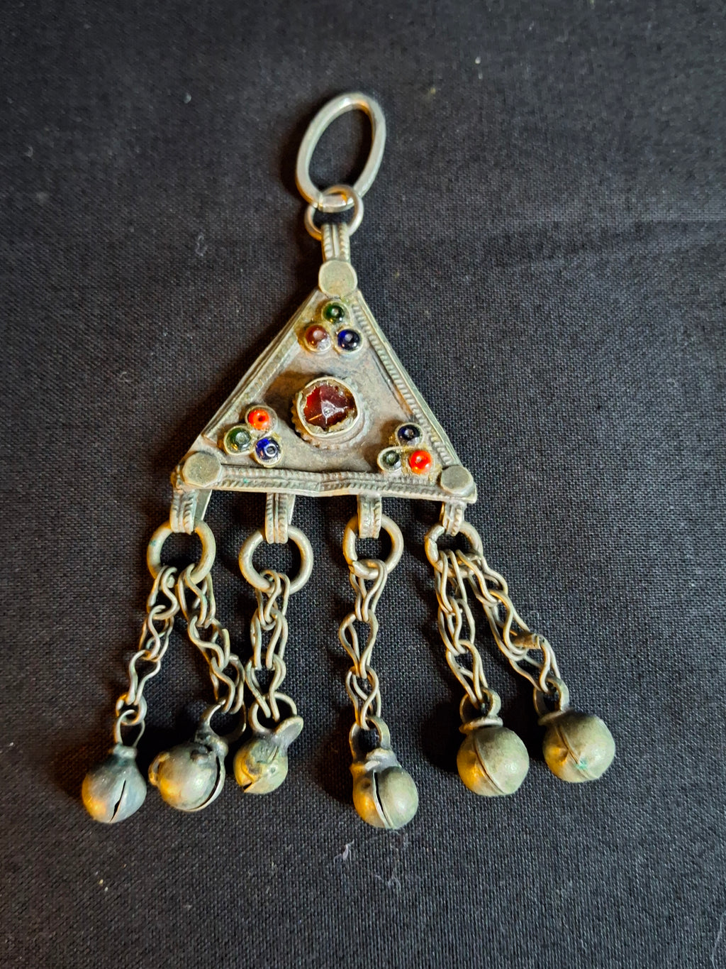 Vintage Sephardic Mizrahi Jewish Silver Amulet Pendant Glass Cabochons Dangles Yemen