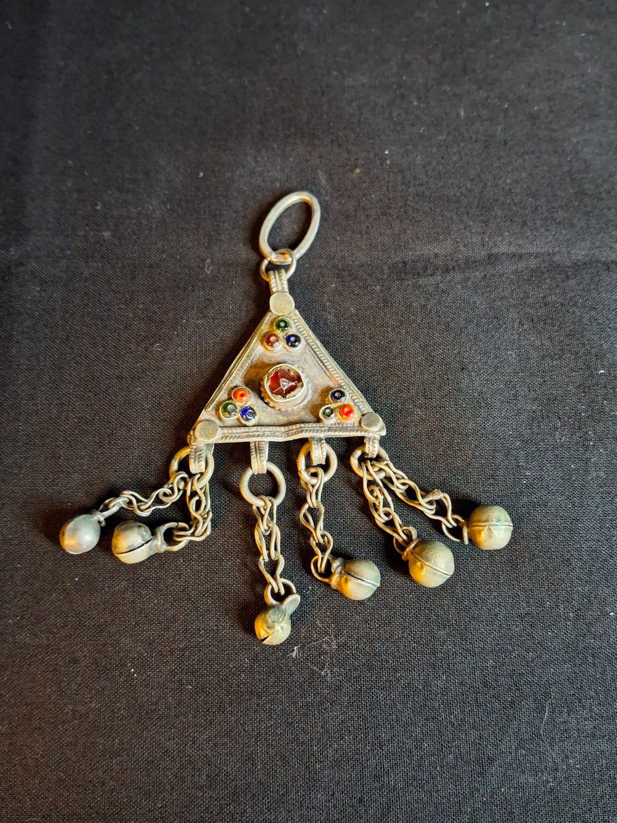 Vintage Sephardic Mizrahi Jewish Silver Amulet Pendant Glass Cabochons Dangles Yemen