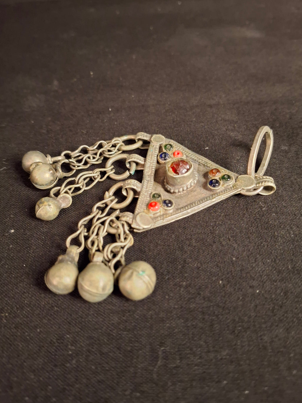 Vintage Sephardic Mizrahi Jewish Silver Amulet Pendant Glass Cabochons Dangles Yemen