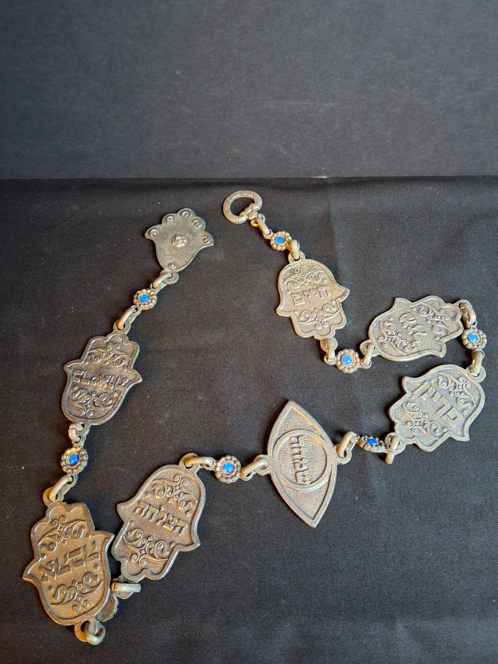 Vintage Israeli Pewter Hamsa Wall Hanging Chain 33" Judaica Blessing Blue Glass