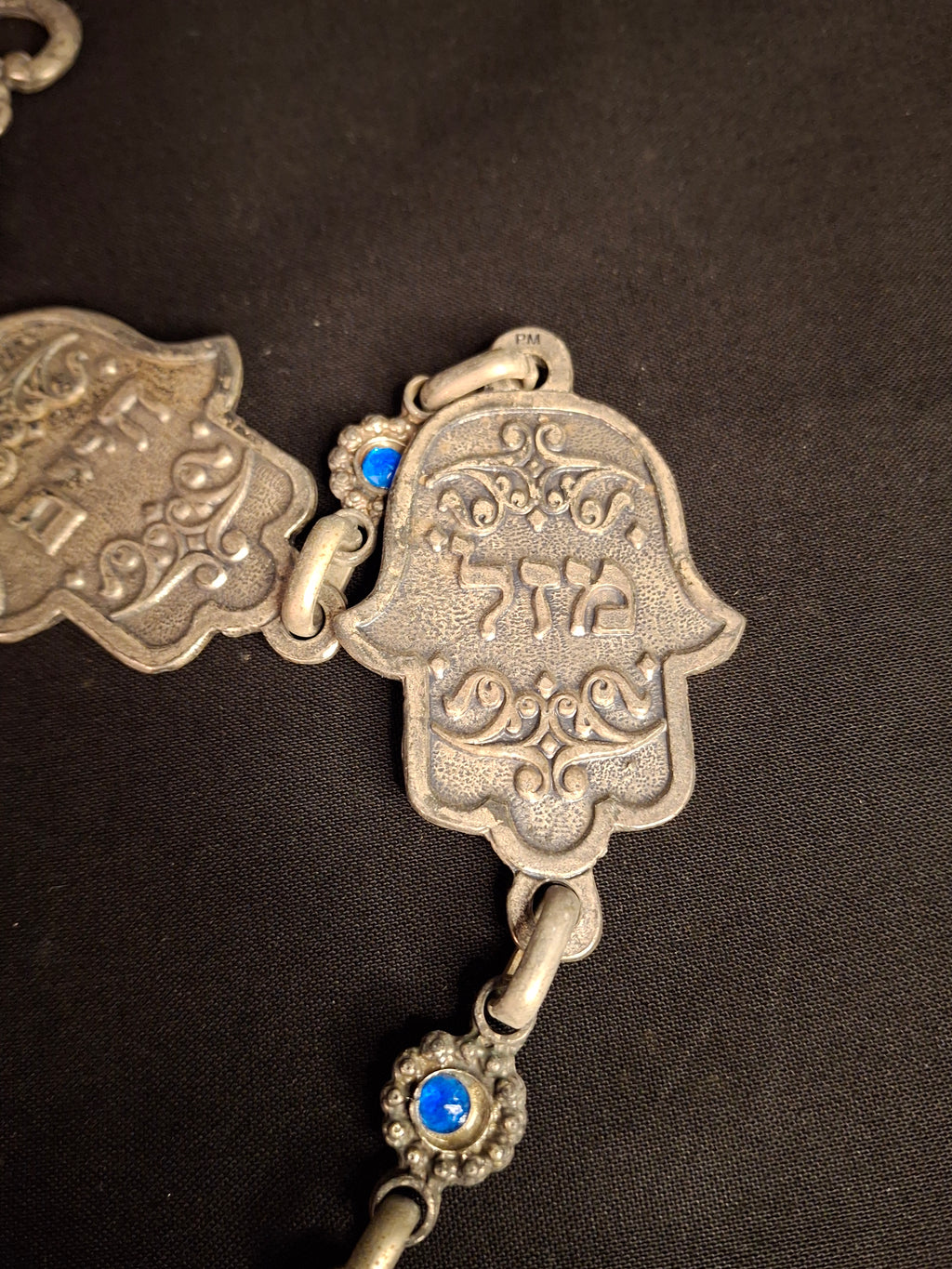 Vintage Israeli Pewter Hamsa Wall Hanging Chain 33" Judaica Blessing Blue Glass