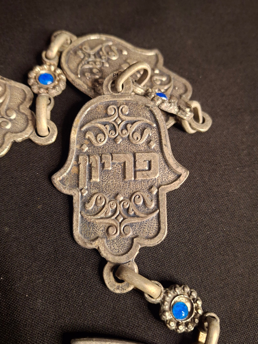 Vintage Israeli Pewter Hamsa Wall Hanging Chain 33" Judaica Blessing Blue Glass