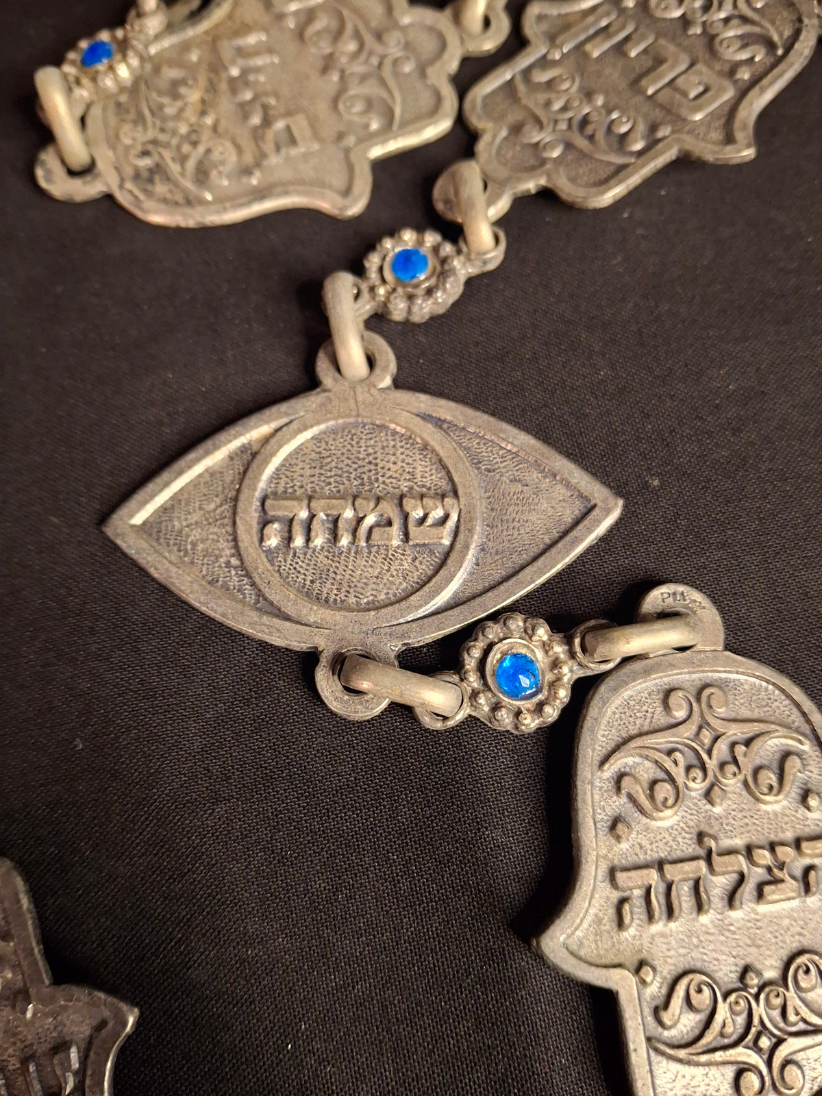 Vintage Israeli Pewter Hamsa Wall Hanging Chain 33" Judaica Blessing Blue Glass