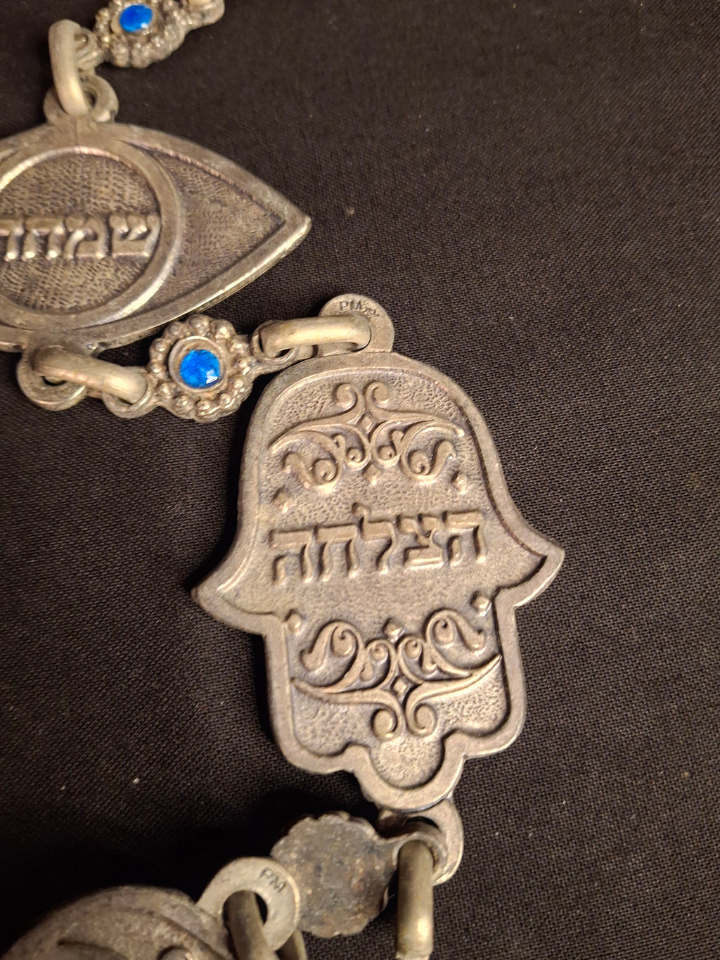 Vintage Israeli Pewter Hamsa Wall Hanging Chain 33" Judaica Blessing Blue Glass