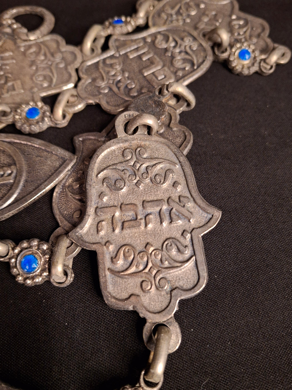 Vintage Israeli Pewter Hamsa Wall Hanging Chain 33" Judaica Blessing Blue Glass