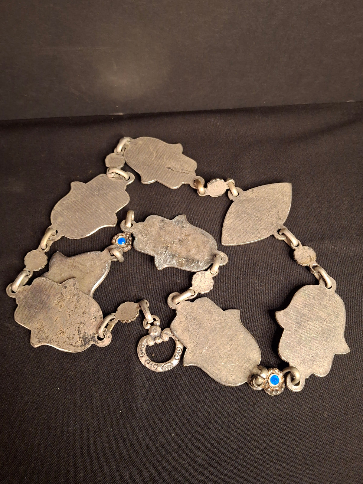 Vintage Israeli Pewter Hamsa Wall Hanging Chain 33" Judaica Blessing Blue Glass