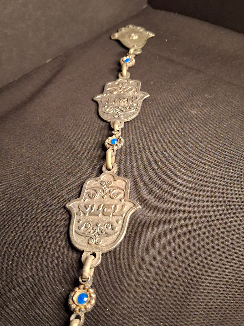 Vintage Israeli Pewter Hamsa Wall Hanging Chain 33" Judaica Blessing Blue Glass