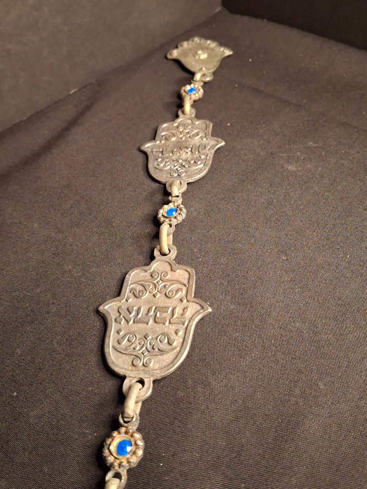 Vintage Israeli Pewter Hamsa Wall Hanging Chain 33" Judaica Blessing Blue Glass