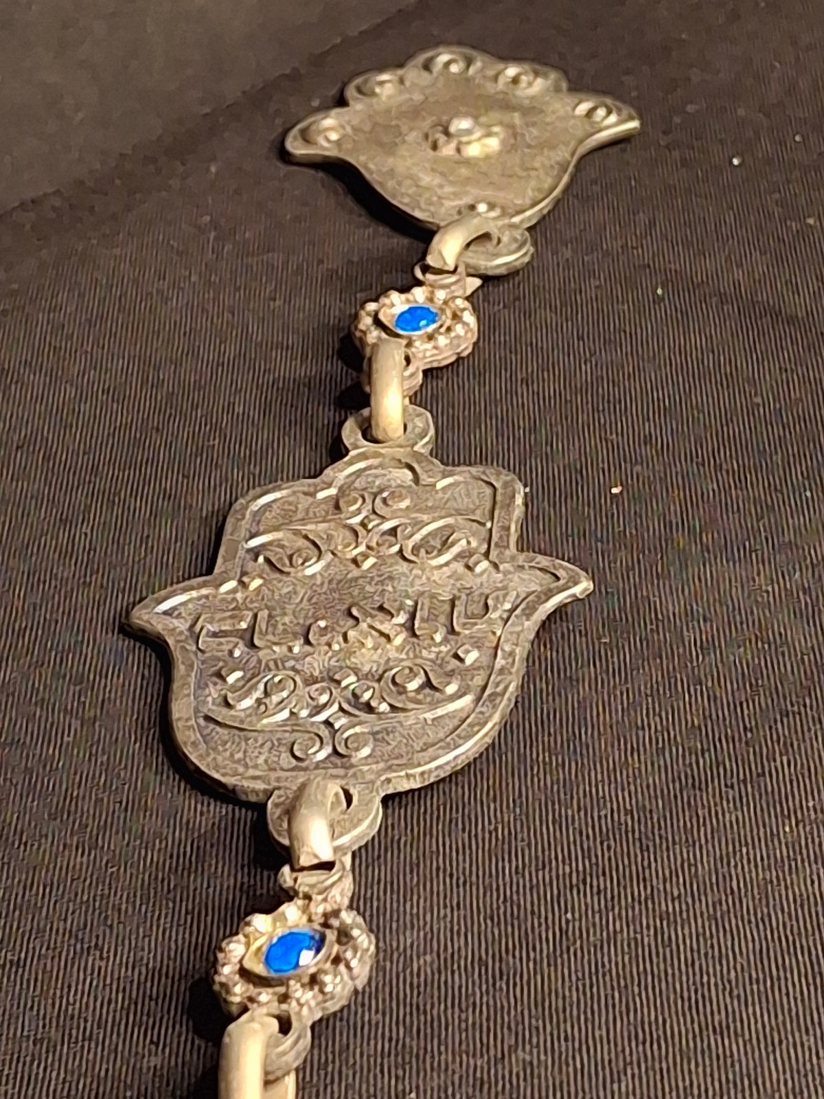 Vintage Israeli Pewter Hamsa Wall Hanging Chain 33" Judaica Blessing Blue Glass