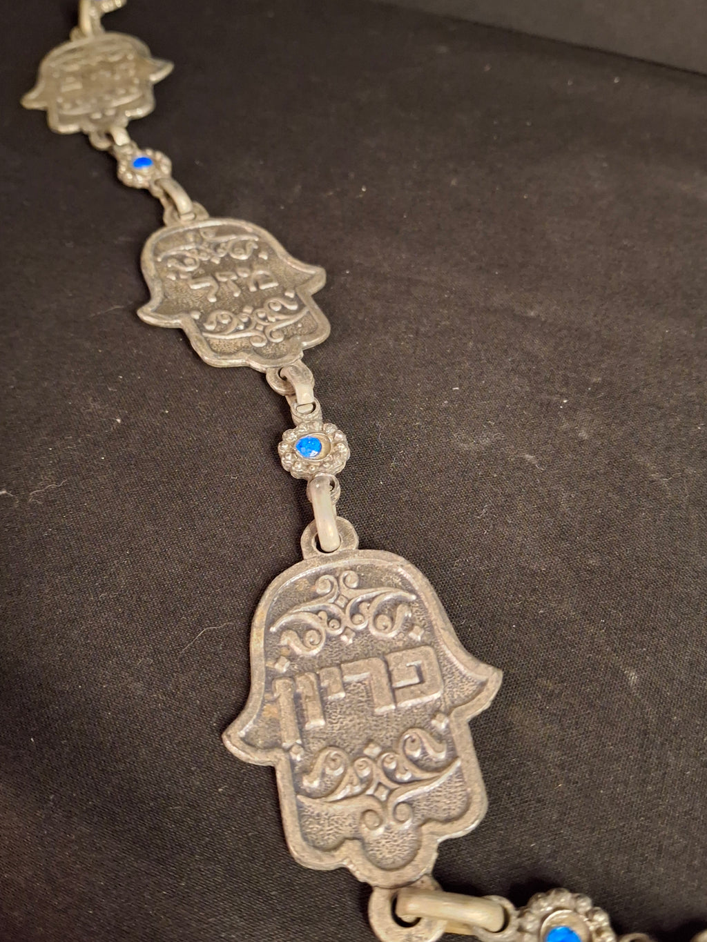 Vintage Israeli Pewter Hamsa Wall Hanging Chain 33" Judaica Blessing Blue Glass