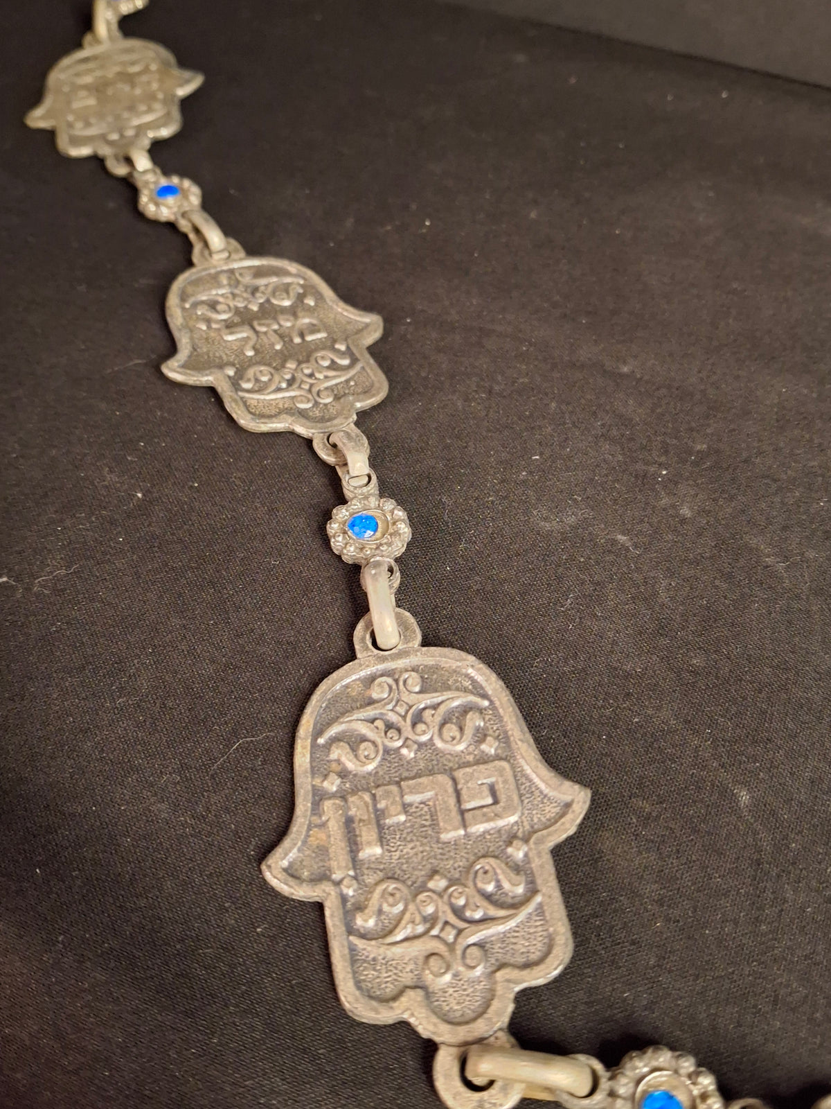 Vintage Israeli Pewter Hamsa Wall Hanging Chain 33" Judaica Blessing Blue Glass