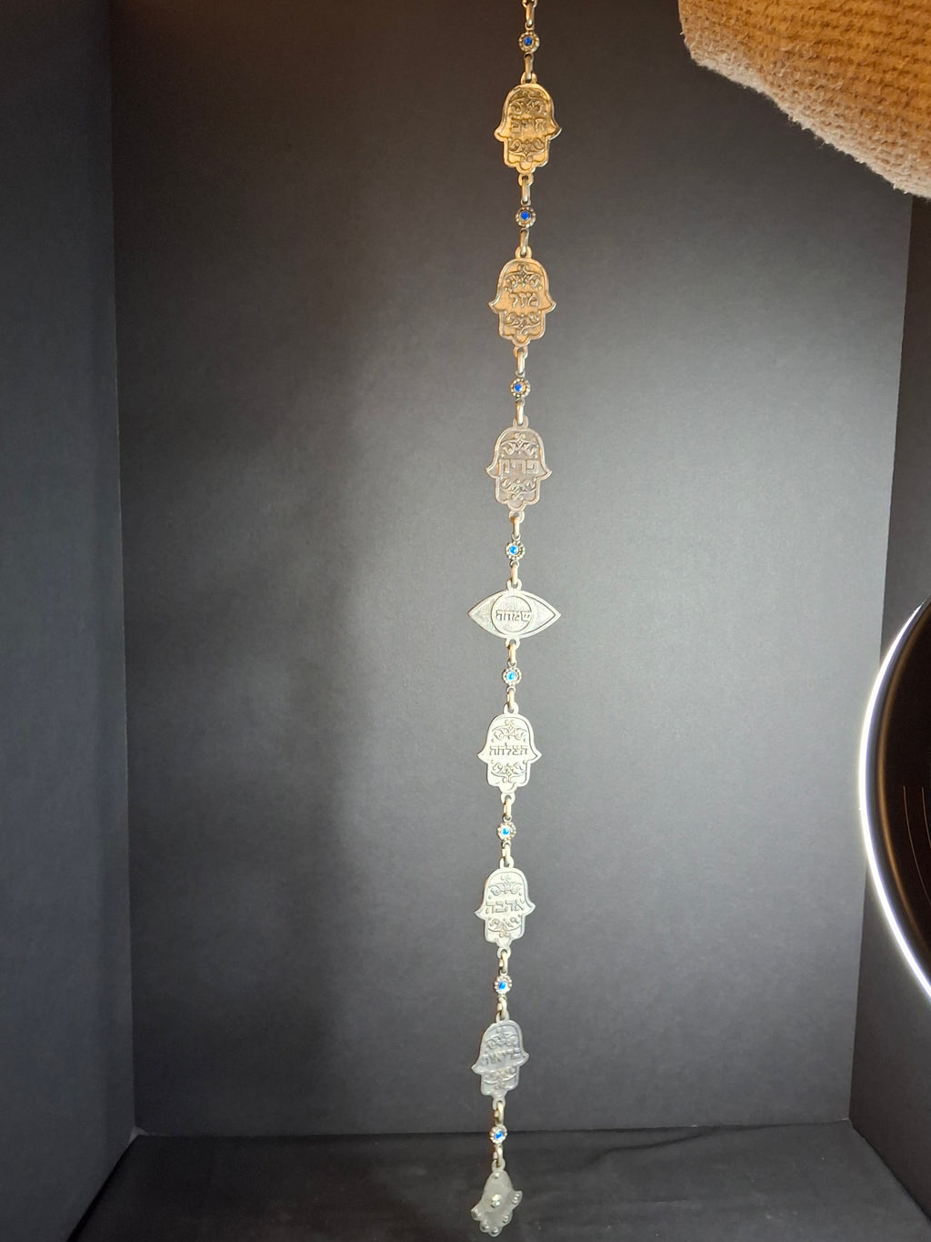 Vintage Israeli Pewter Hamsa Wall Hanging Chain 33" Judaica Blessing Blue Glass