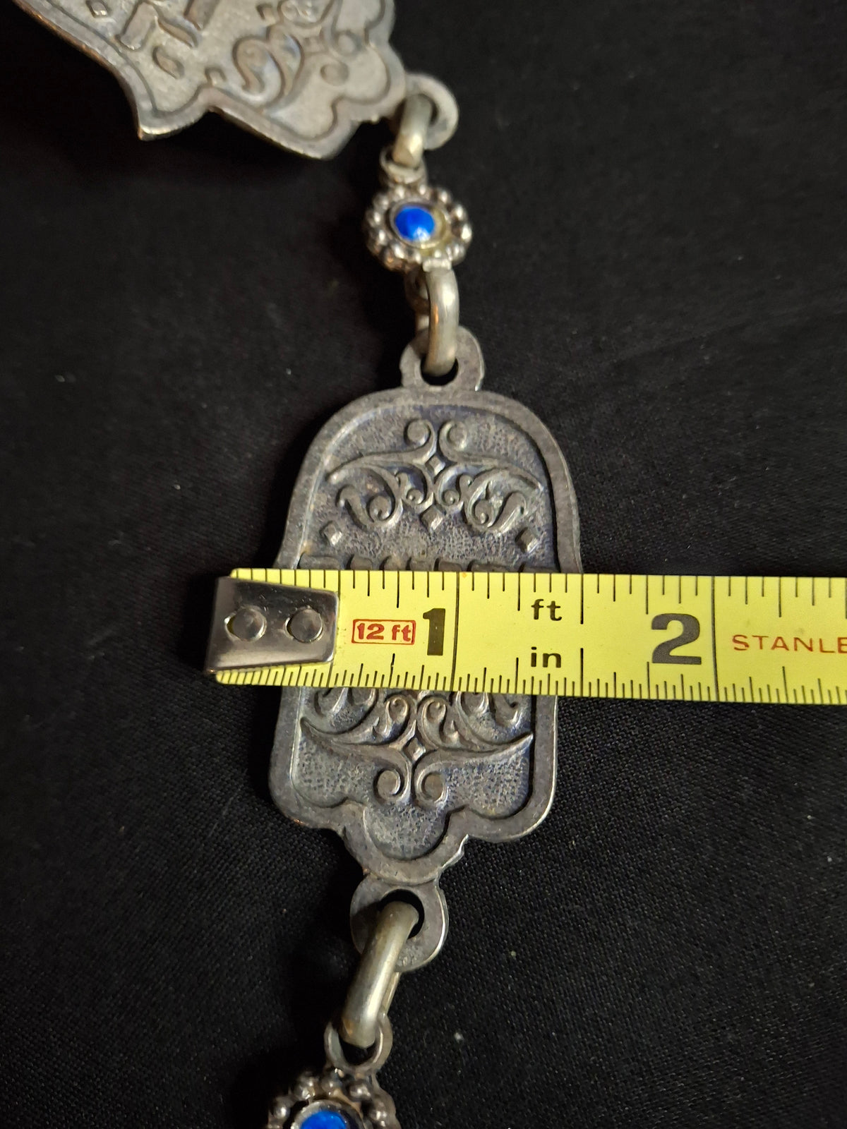 Vintage Israeli Pewter Hamsa Wall Hanging Chain 33" Judaica Blessing Blue Glass