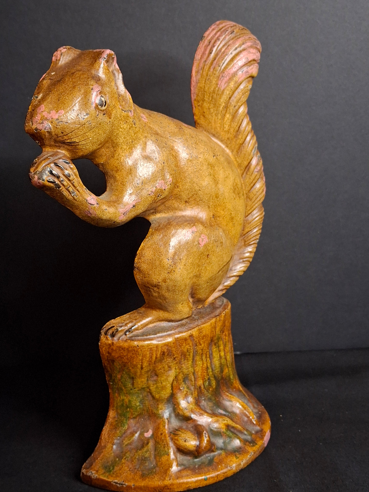 Antique Cast Iron Squirrel on Stump Doorstop C. 1920s Original Paint Hubley B&H Era