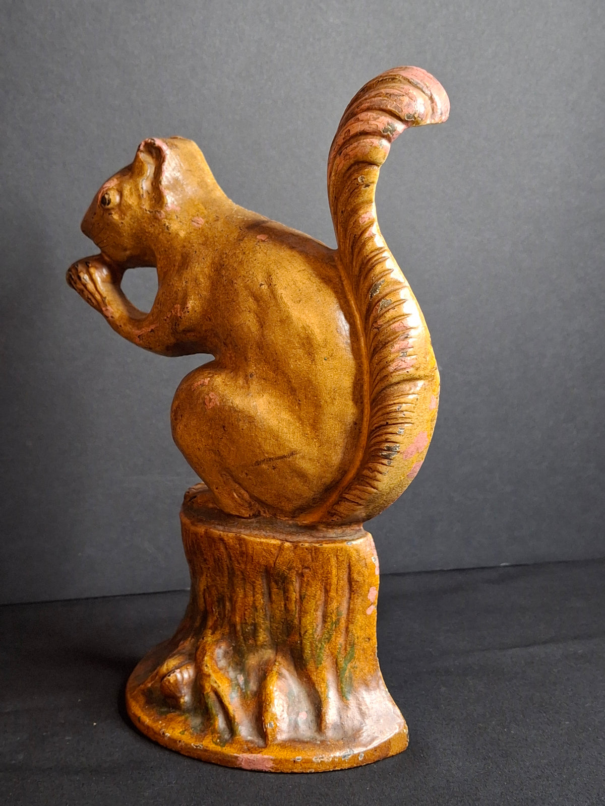 Antique Cast Iron Squirrel on Stump Doorstop C. 1920s Original Paint Hubley B&H Era
