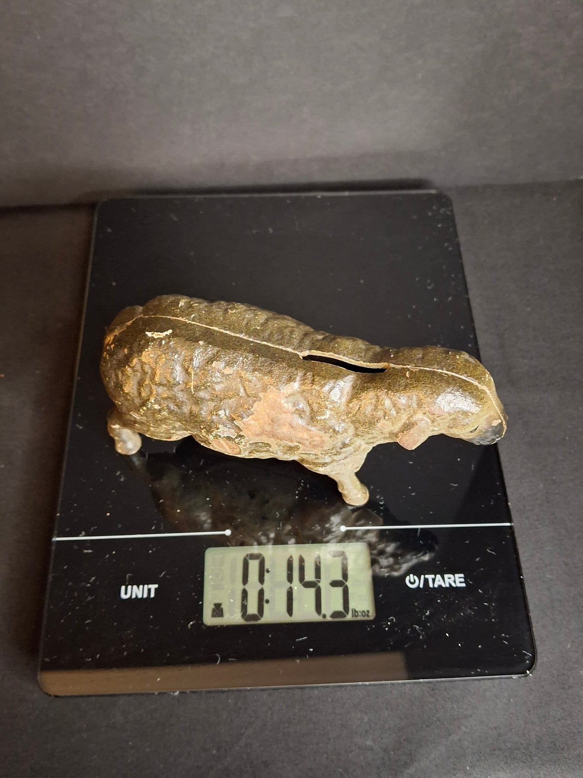 Antique A.C. Williams Cast Iron Standing Sheep Lamb Still Penny Bank Original Paint c. 1910s