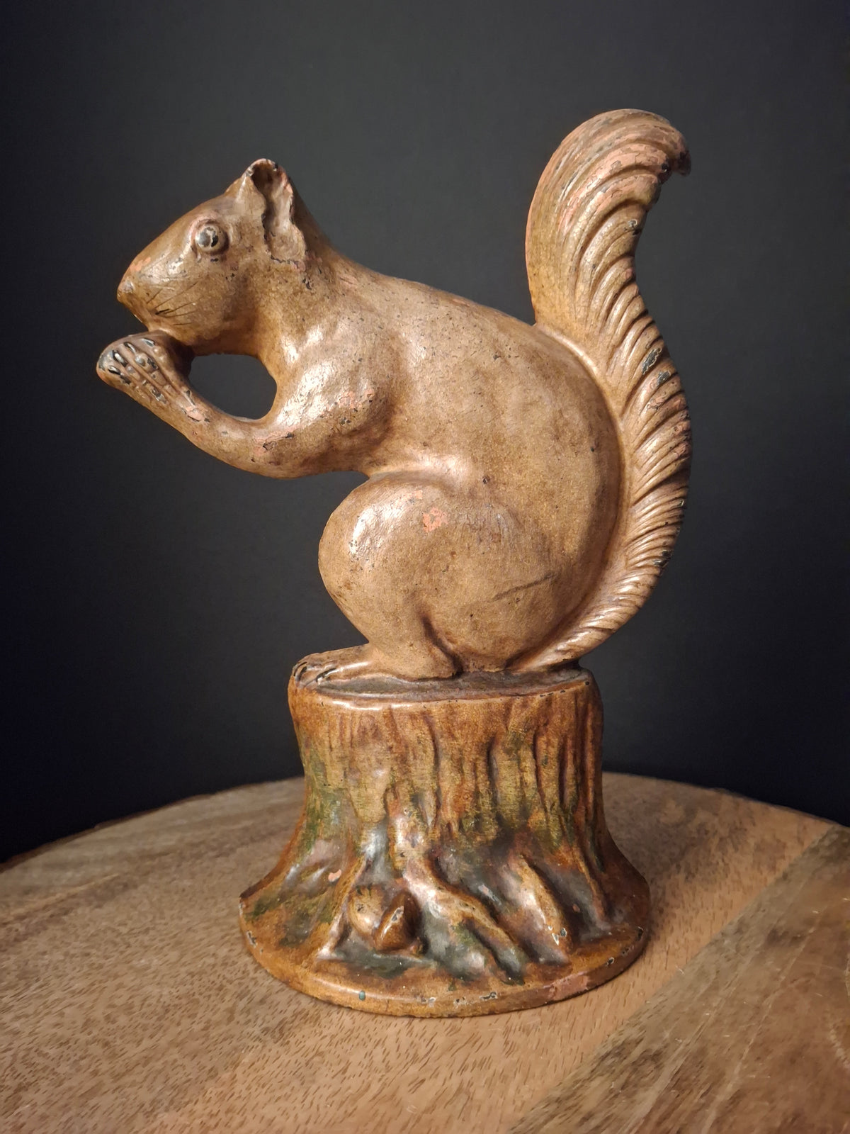 Antique Cast Iron Squirrel on Stump Doorstop C. 1920s Original Paint Hubley B&H Era