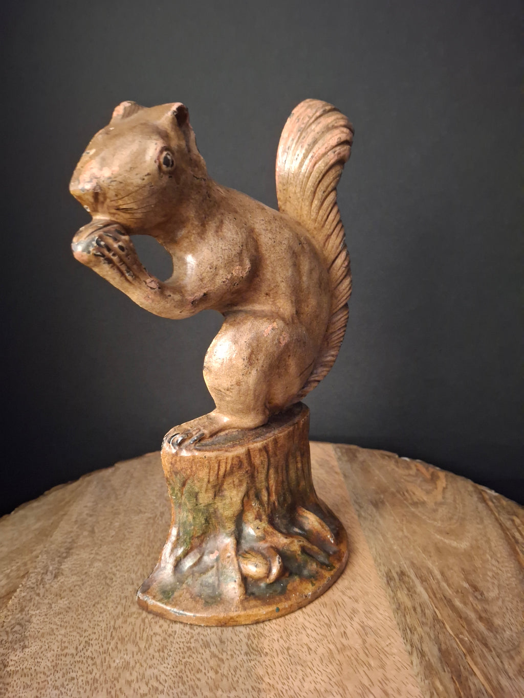 Antique Cast Iron Squirrel on Stump Doorstop C. 1920s Original Paint Hubley B&H Era