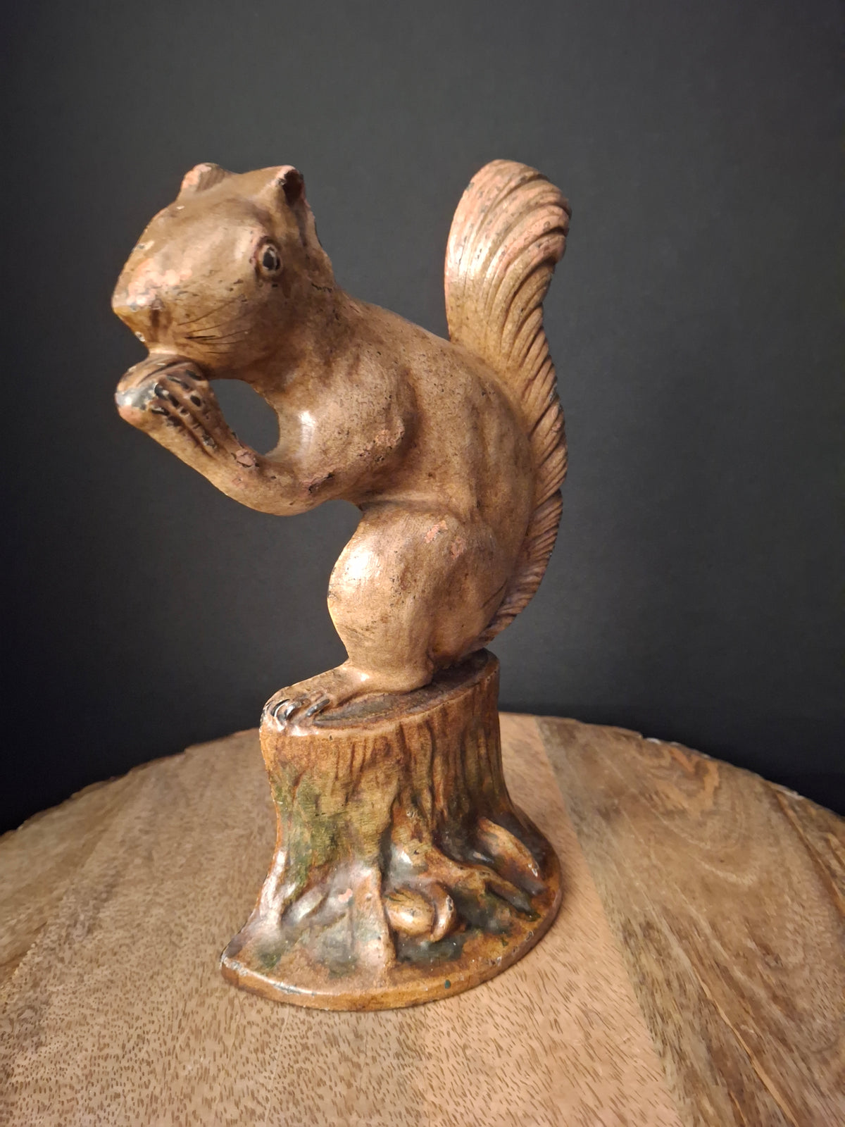 Antique Cast Iron Squirrel on Stump Doorstop C. 1920s Original Paint Hubley B&H Era