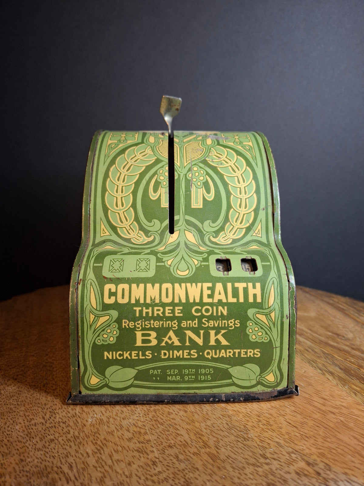 Antique Art Nouveau Tin Litho Commonwealth 3 Coin Register Bank Shonk Works 1915