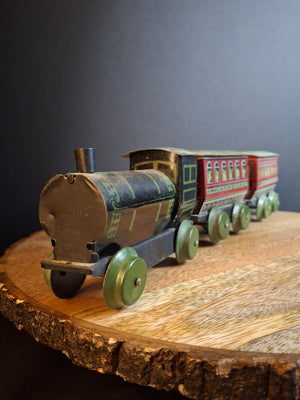 Antique 1920s Hafner Tin Litho 3 Pc Floor Train Set Locomotive & Passenger Cars