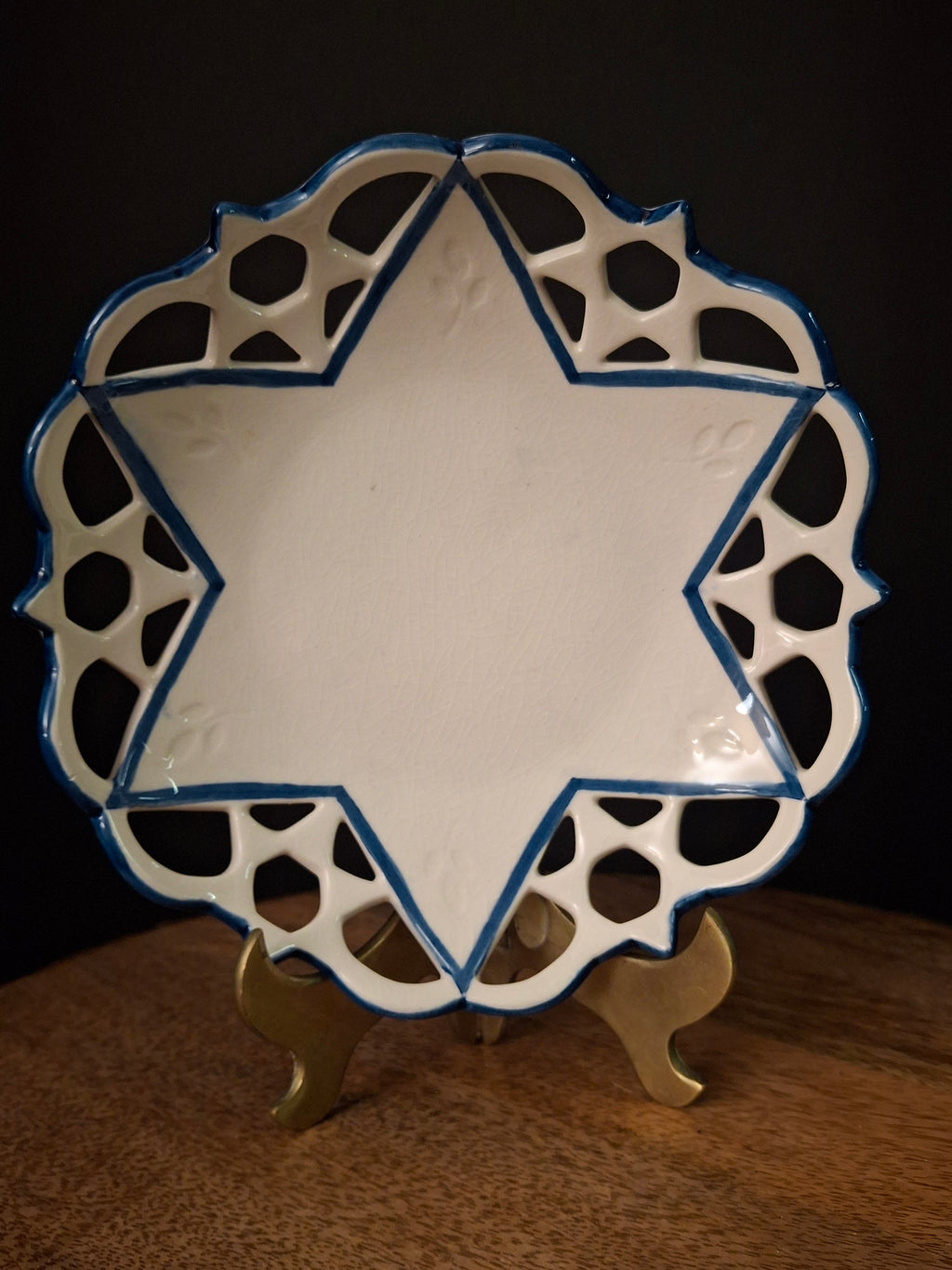 Vintage Hand Painted Ceramic Magen David Reticulated Lattice Dish Blue & White Star of David Pierced Bowl