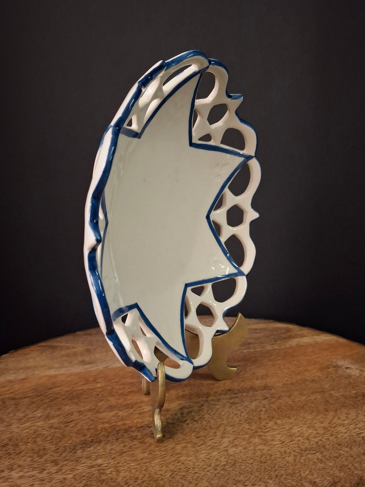 Vintage Hand Painted Ceramic Magen David Reticulated Lattice Dish Blue & White Star of David Pierced Bowl