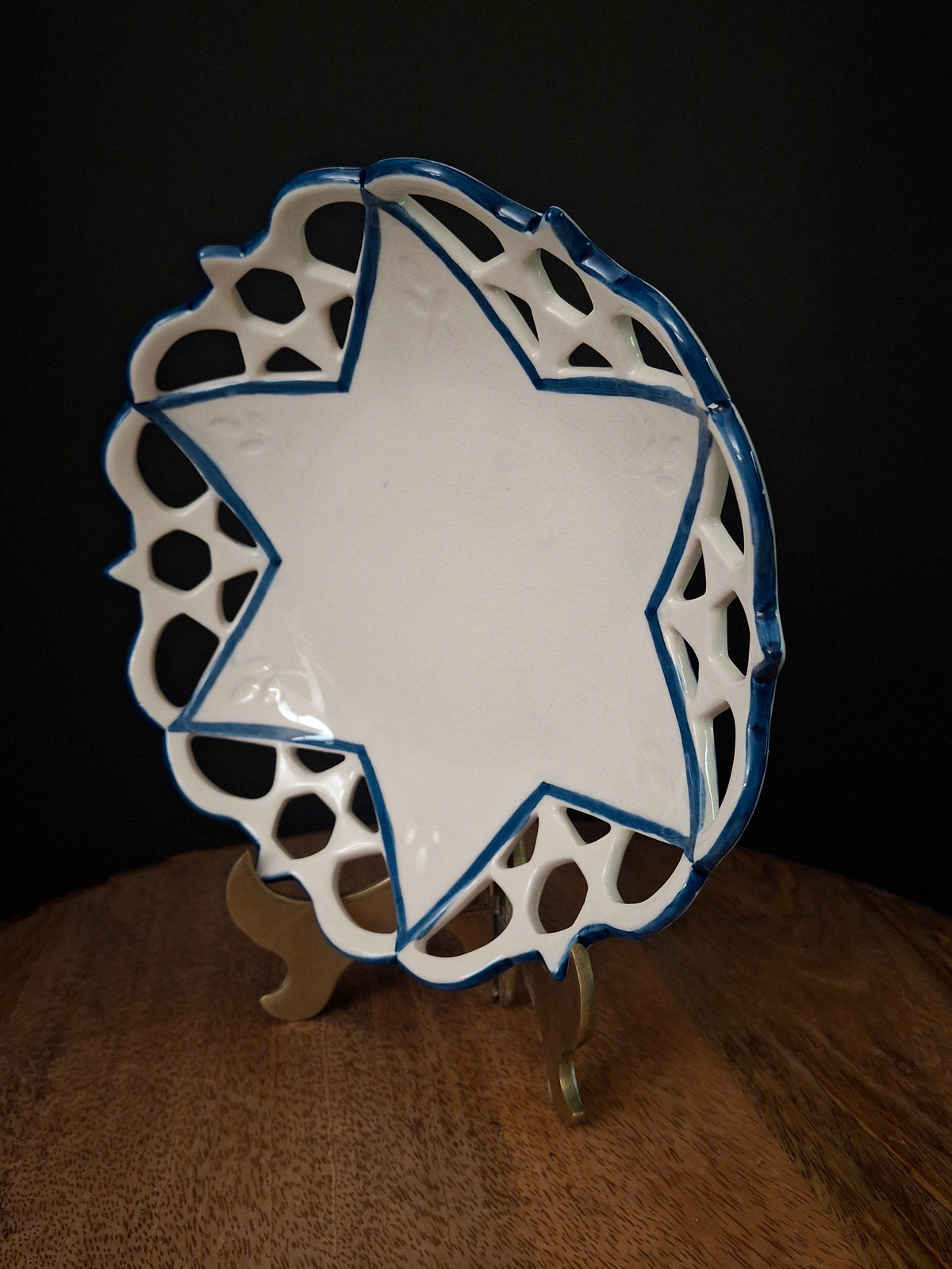 Vintage Hand Painted Ceramic Magen David Reticulated Lattice Dish Blue & White Star of David Pierced Bowl