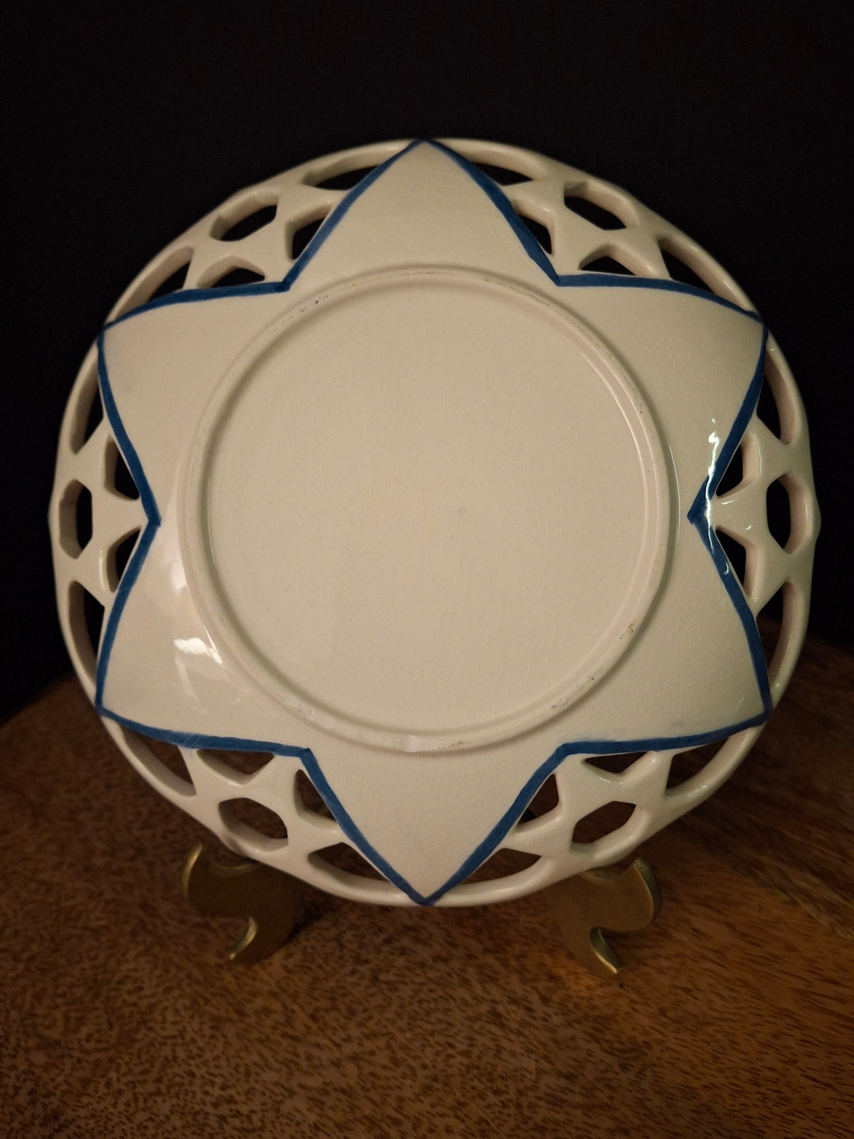 Vintage Hand Painted Ceramic Magen David Reticulated Lattice Dish Blue & White Star of David Pierced Bowl