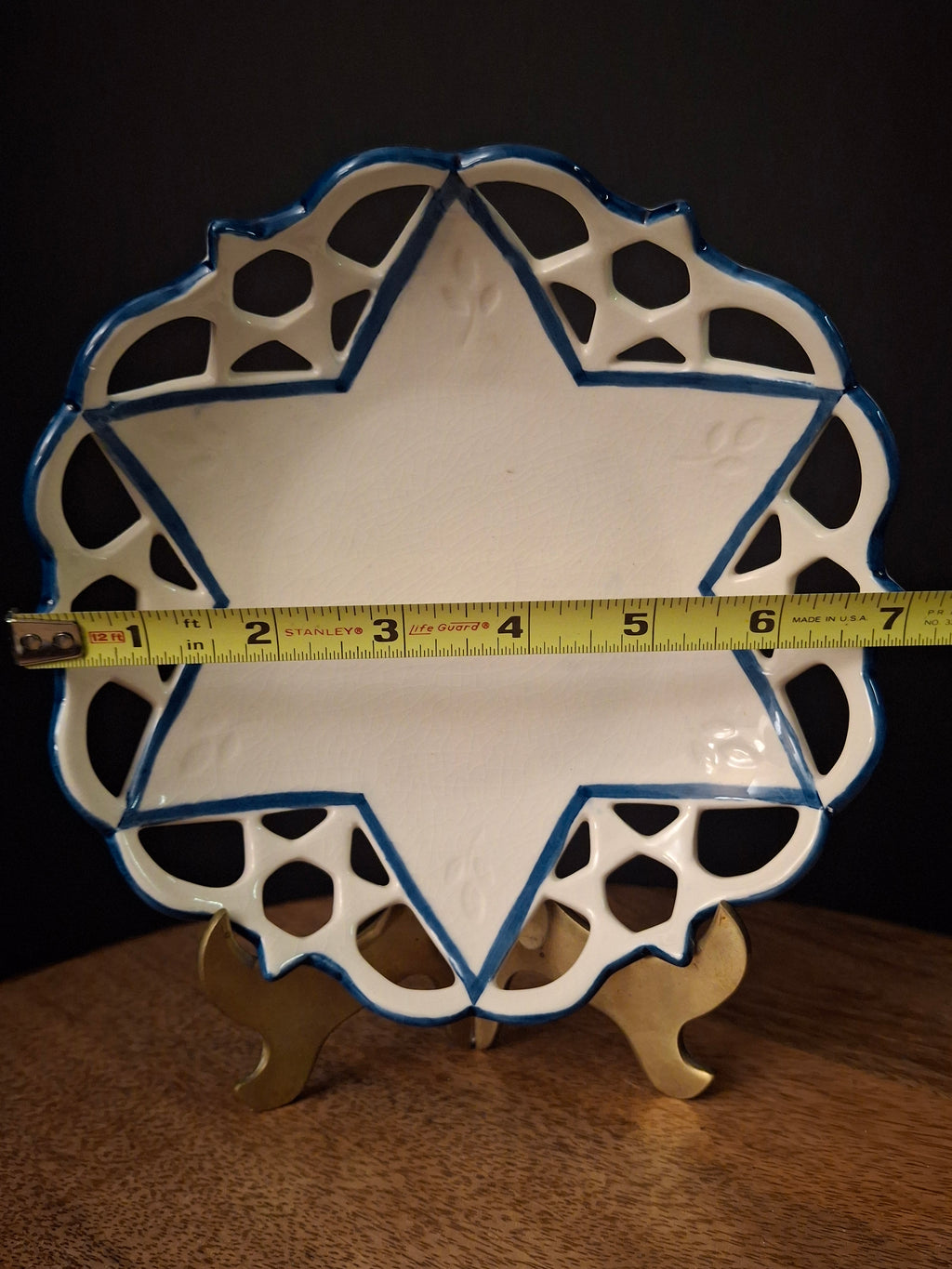 Vintage Hand Painted Ceramic Magen David Reticulated Lattice Dish Blue & White Star of David Pierced Bowl