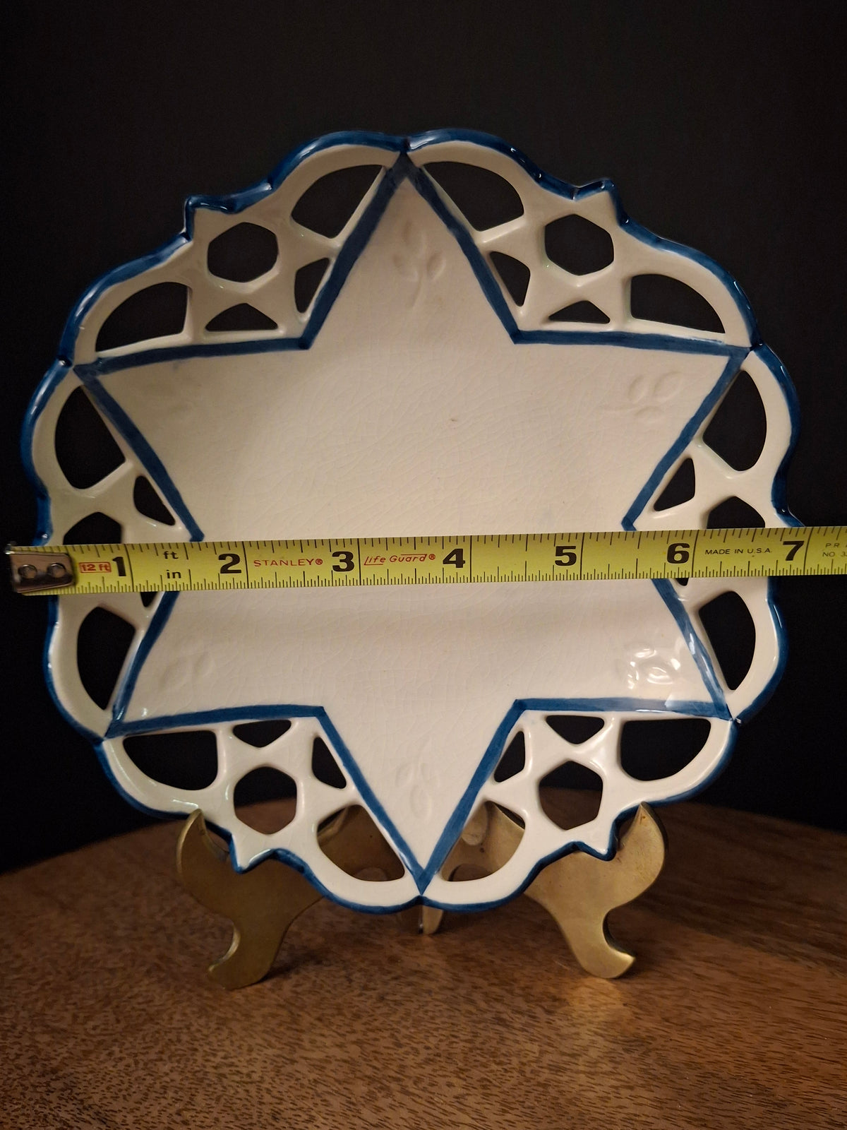 Vintage Hand Painted Ceramic Magen David Reticulated Lattice Dish Blue & White Star of David Pierced Bowl
