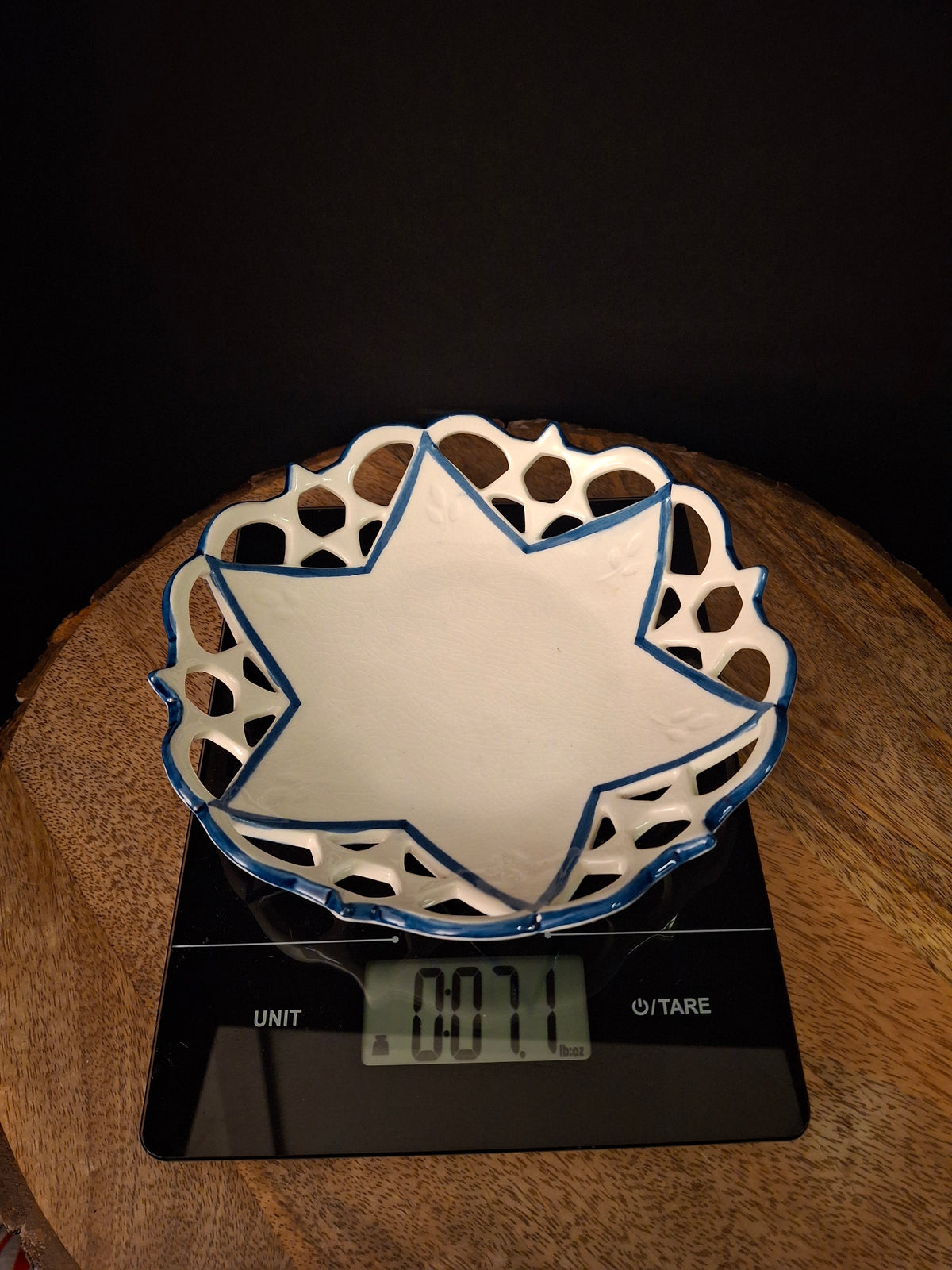 Vintage Hand Painted Ceramic Magen David Reticulated Lattice Dish Blue & White Star of David Pierced Bowl