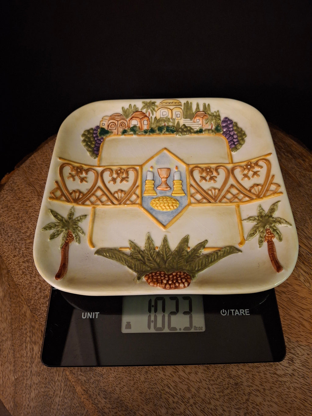 Plaut Judaica Relief Ceramic Shabbat Serving Dish Square Jerusalem Scene Challah Plate