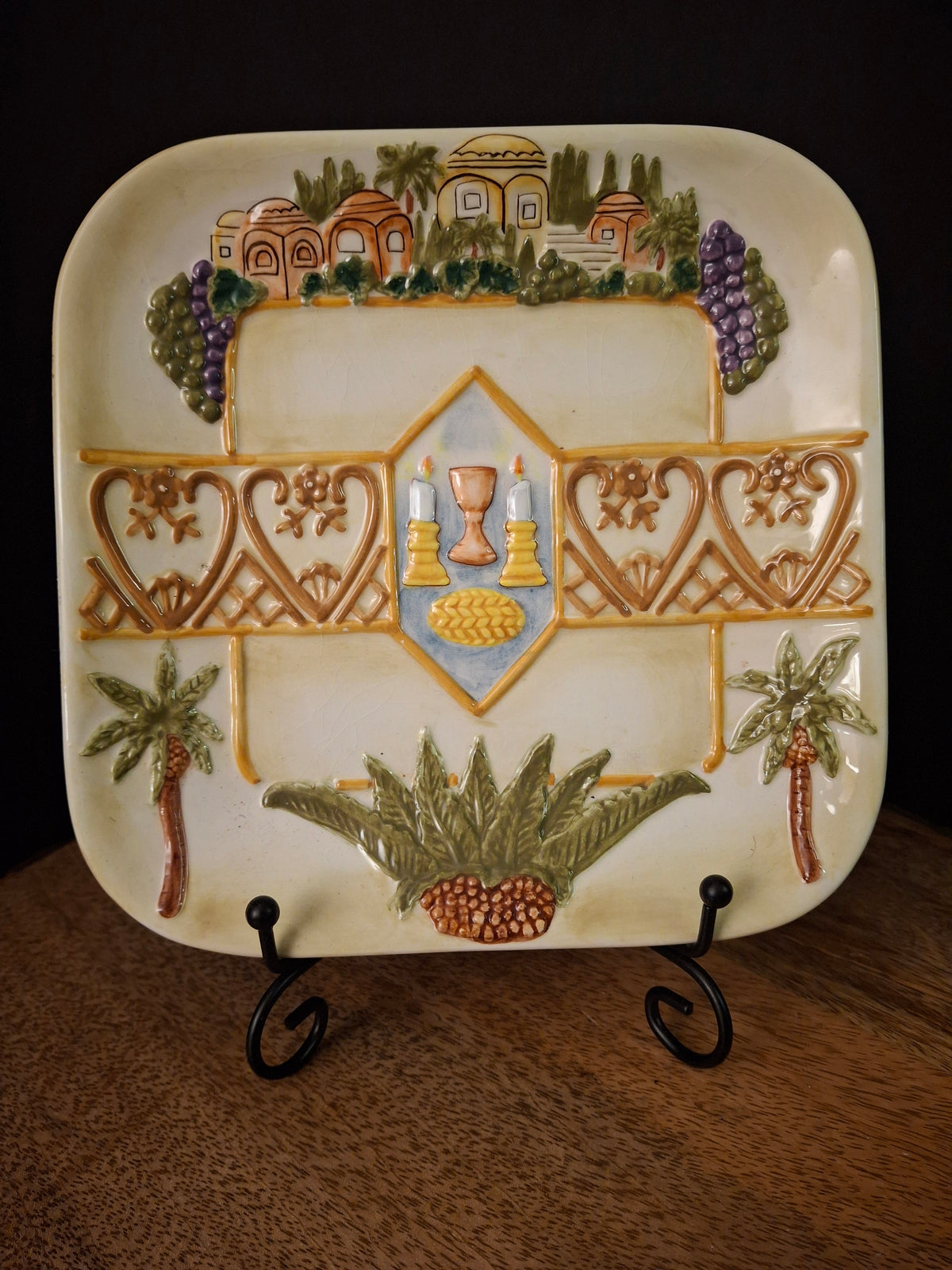 Plaut Judaica Relief Ceramic Shabbat Serving Dish Square Jerusalem Scene Challah Plate