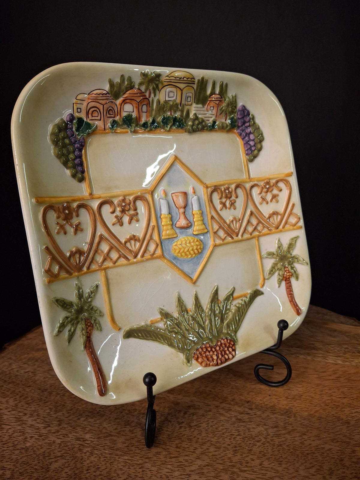 Plaut Judaica Relief Ceramic Shabbat Serving Dish Square Jerusalem Scene Challah Plate