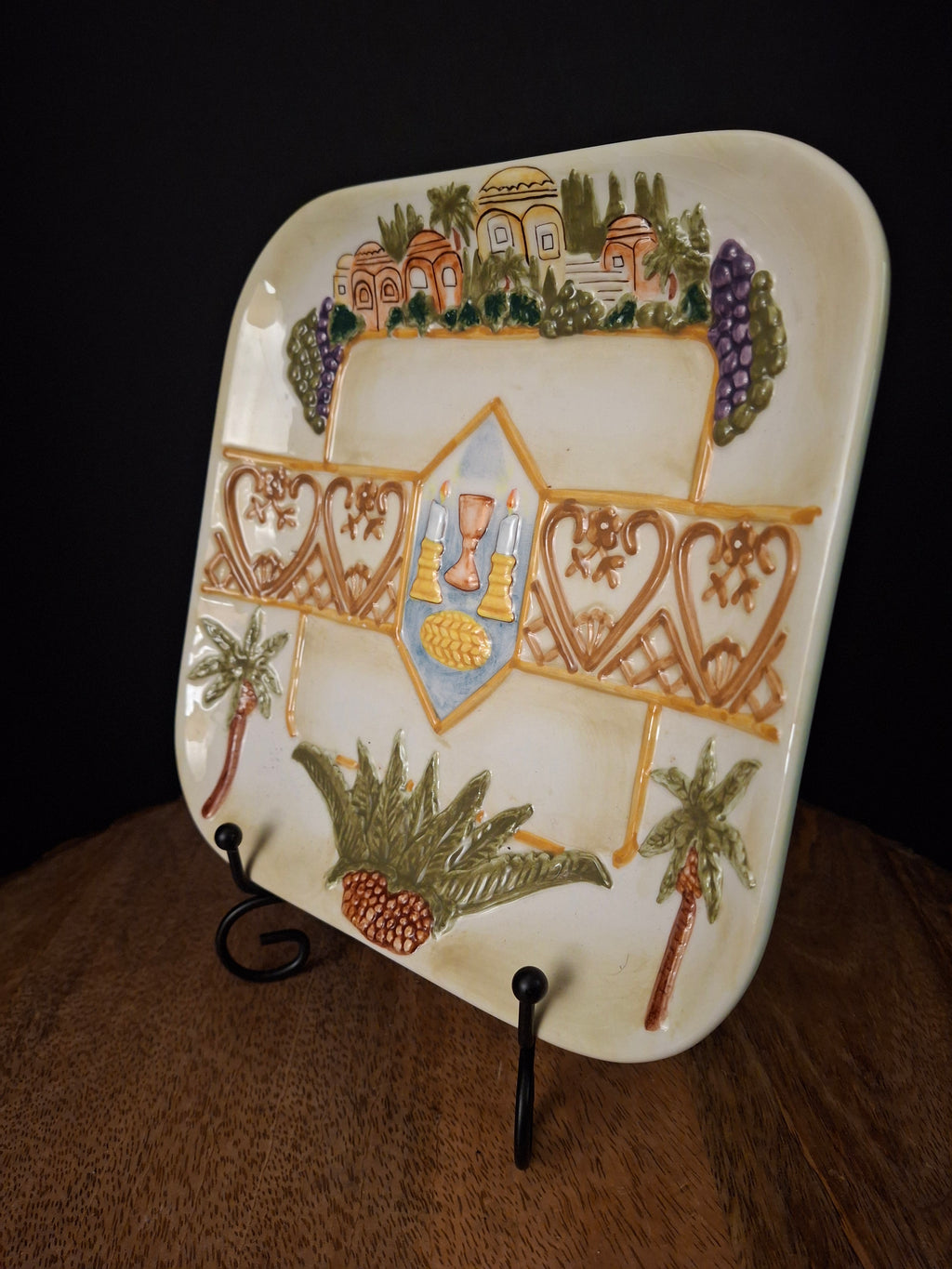 Plaut Judaica Relief Ceramic Shabbat Serving Dish Square Jerusalem Scene Challah Plate