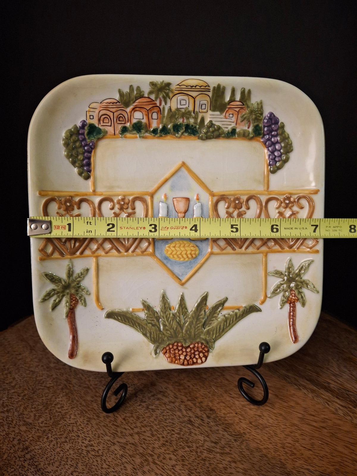 Plaut Judaica Relief Ceramic Shabbat Serving Dish Square Jerusalem Scene Challah Plate