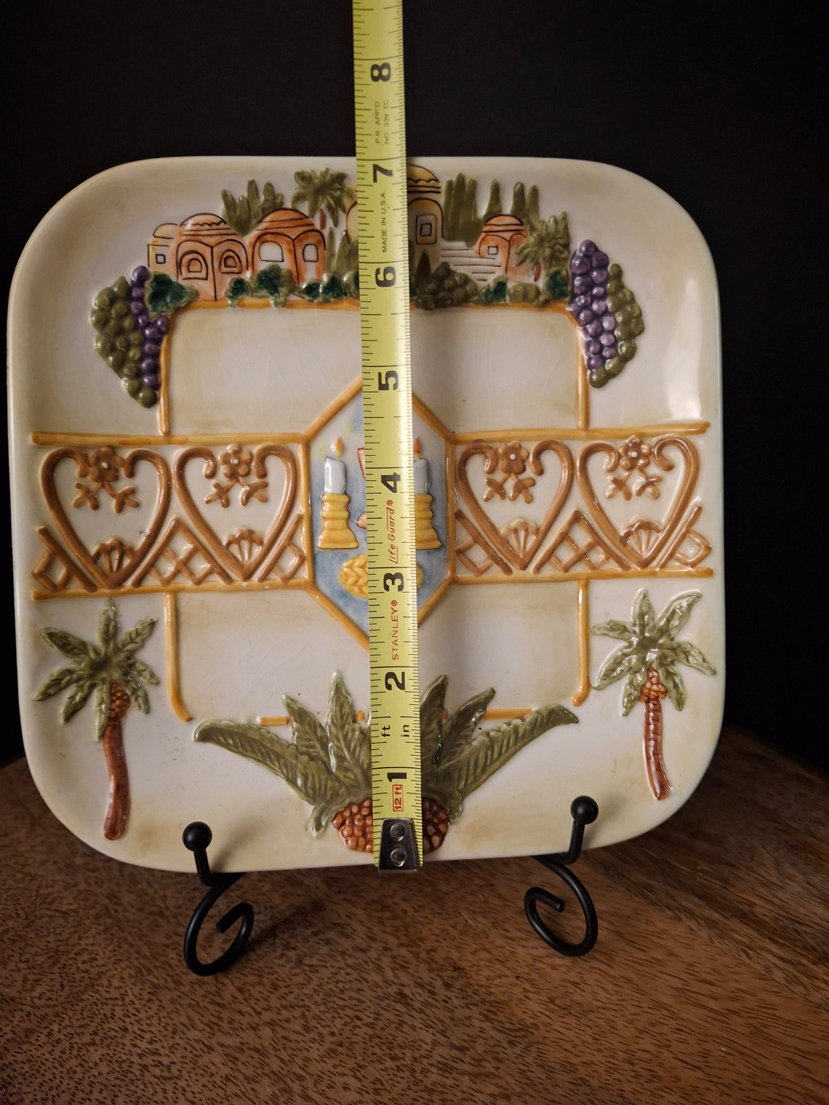 Plaut Judaica Relief Ceramic Shabbat Serving Dish Square Jerusalem Scene Challah Plate