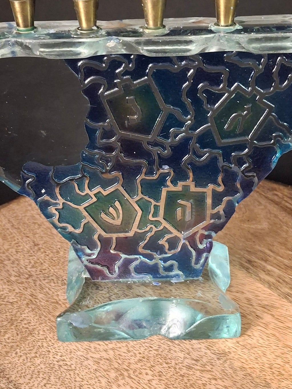 Signed Uda Yehuda Parmat Studio Art Glass Menorah Iridescent Fused Dreidel Judaica