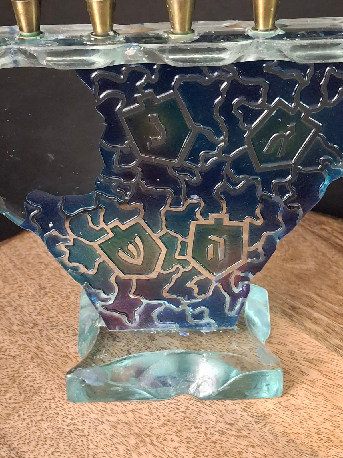 Signed Uda Yehuda Parmat Studio Art Glass Menorah Iridescent Fused Dreidel Judaica
