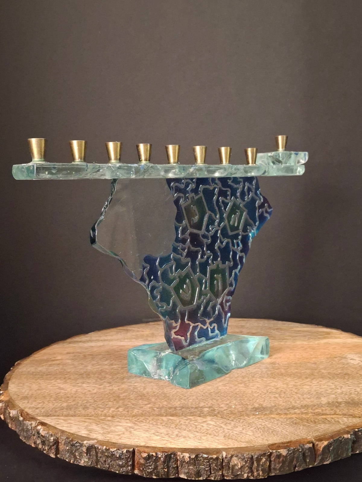 Signed Uda Yehuda Parmat Studio Art Glass Menorah Iridescent Fused Dreidel Judaica