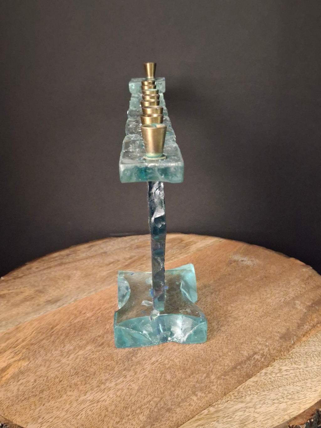 Signed Uda Yehuda Parmat Studio Art Glass Menorah Iridescent Fused Dreidel Judaica