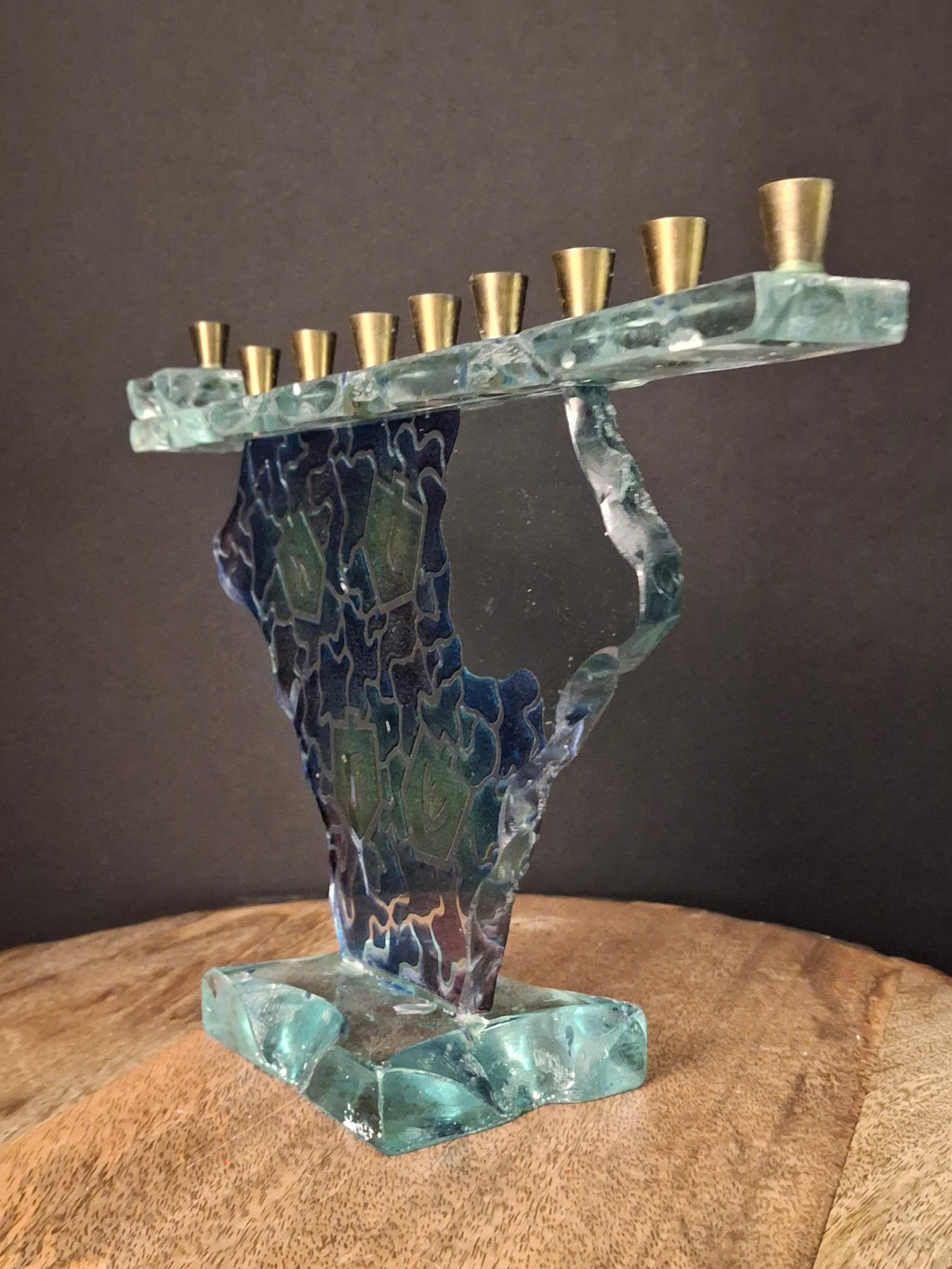 Signed Uda Yehuda Parmat Studio Art Glass Menorah Iridescent Fused Dreidel Judaica