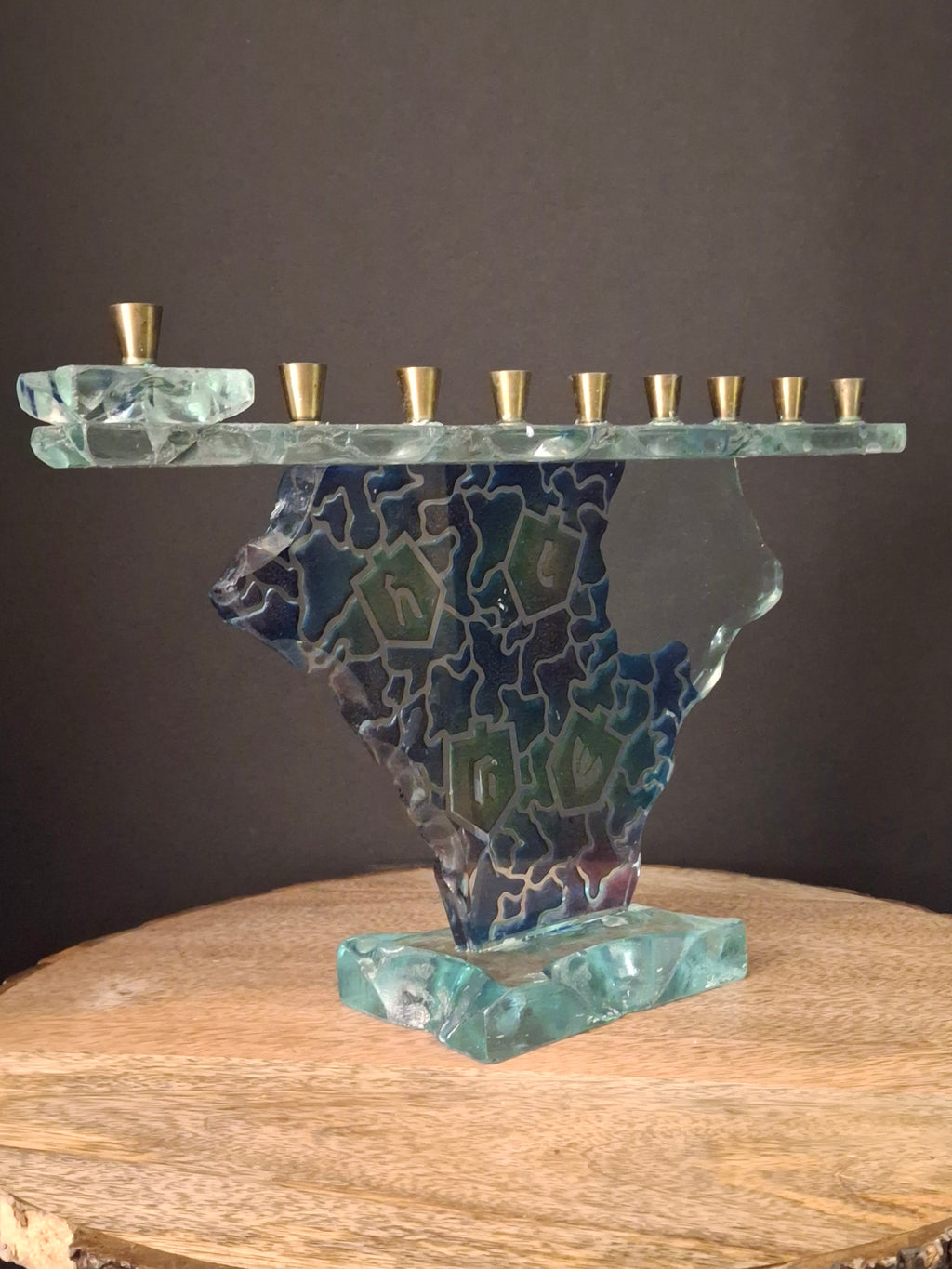 Signed Uda Yehuda Parmat Studio Art Glass Menorah Iridescent Fused Dreidel Judaica