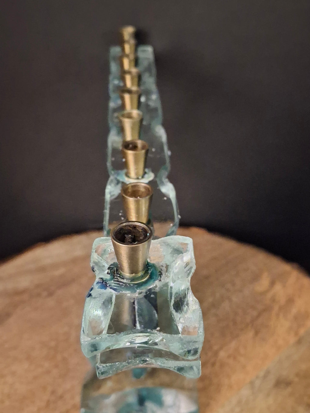 Signed Uda Yehuda Parmat Studio Art Glass Menorah Iridescent Fused Dreidel Judaica