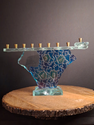 Signed Uda Yehuda Parmat Studio Art Glass Menorah Iridescent Fused Dreidel Judaica