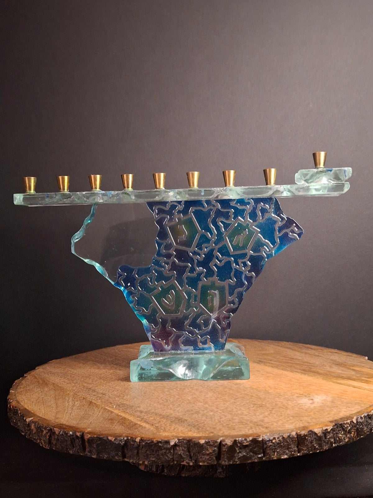 Signed Uda Yehuda Parmat Studio Art Glass Menorah Iridescent Fused Dreidel Judaica