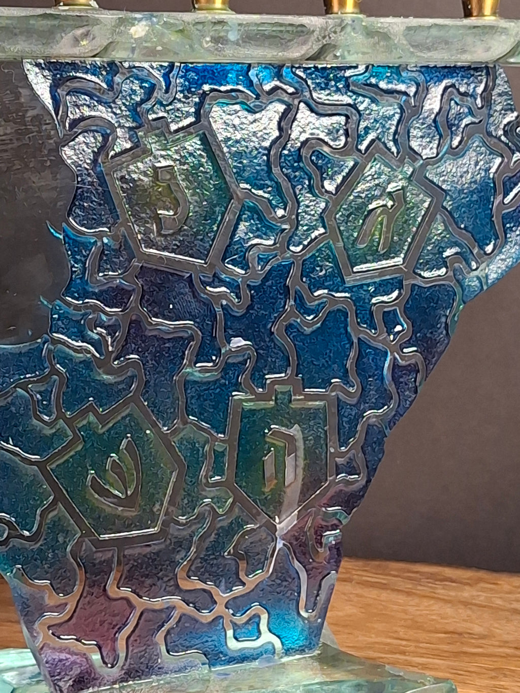 Signed Uda Yehuda Parmat Studio Art Glass Menorah Iridescent Fused Dreidel Judaica