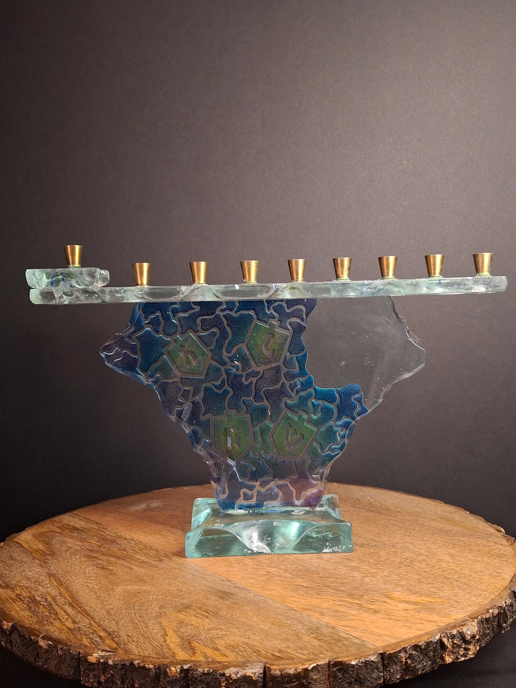 Signed Uda Yehuda Parmat Studio Art Glass Menorah Iridescent Fused Dreidel Judaica