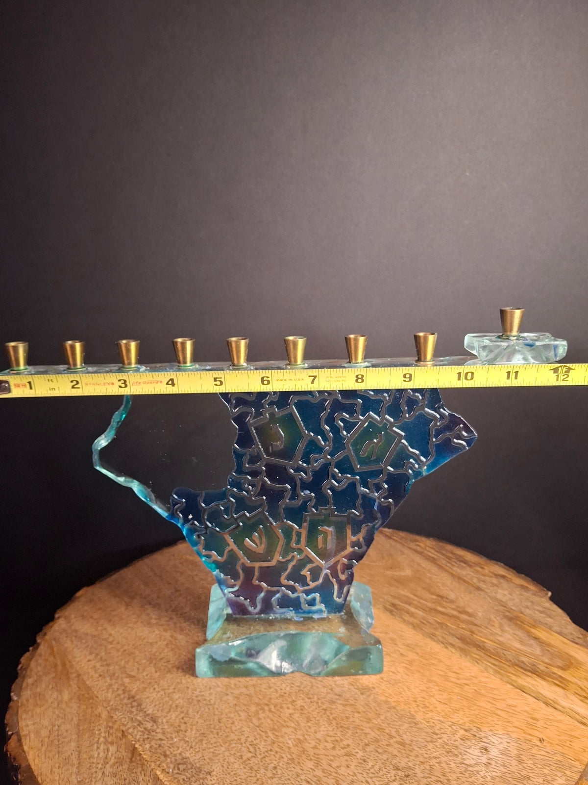 Signed Uda Yehuda Parmat Studio Art Glass Menorah Iridescent Fused Dreidel Judaica